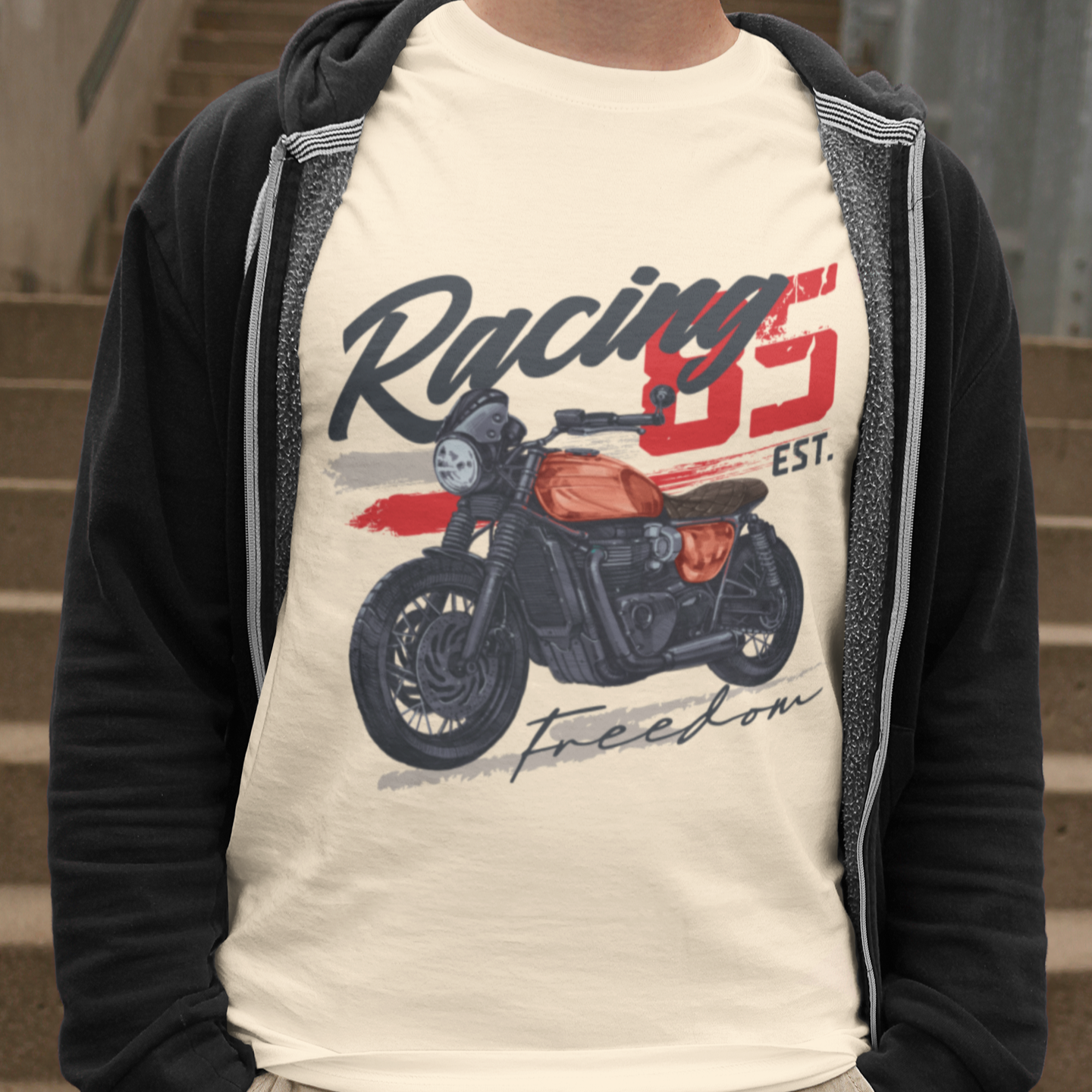 Racing 85 Round Neck Cotton T-Shirt - Beige