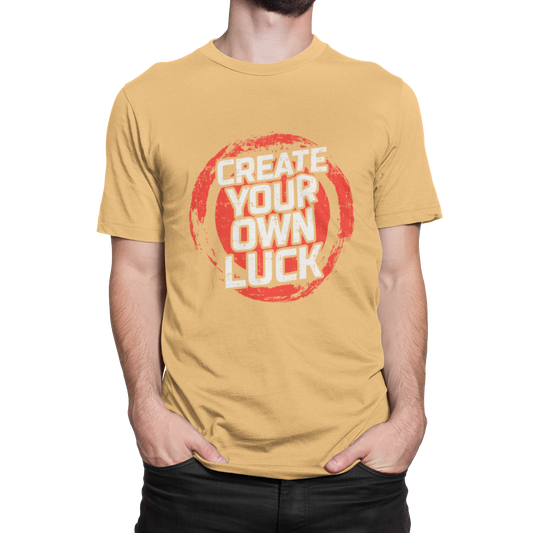 Bold Orange Cotton T-Shirt for Men – 'Create Your Own Luck' Print, Half Sleeves, Gold Washed Comfort