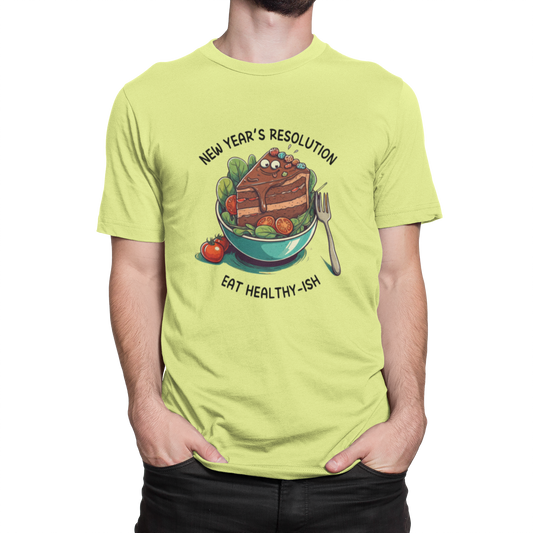 Eat Healthy-ish Funny New Year Resolution Yellow Cotton T-Shirt for Gen Z