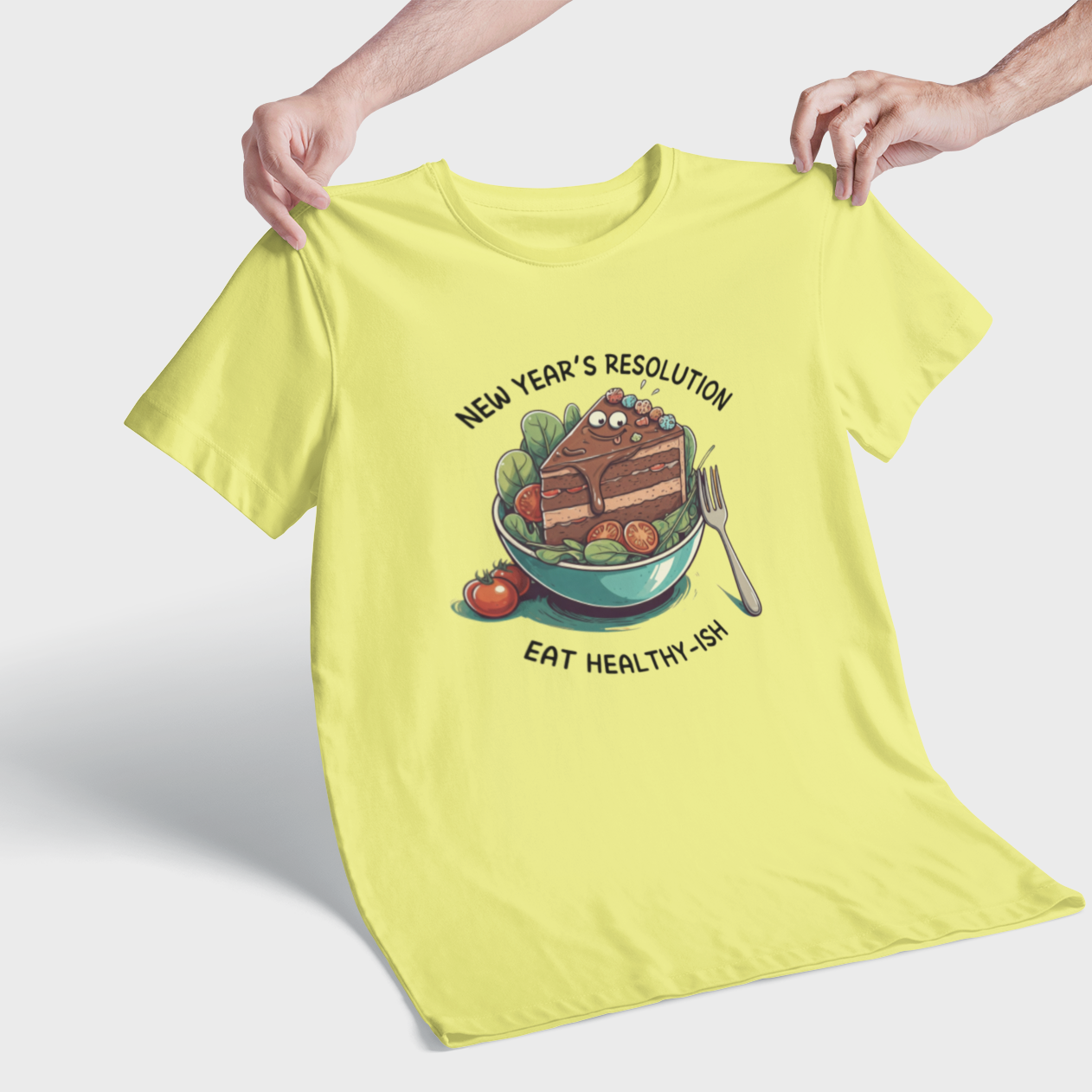 Eat Healthy-ish Funny New Year Resolution Yellow Cotton T-Shirt for Gen Z