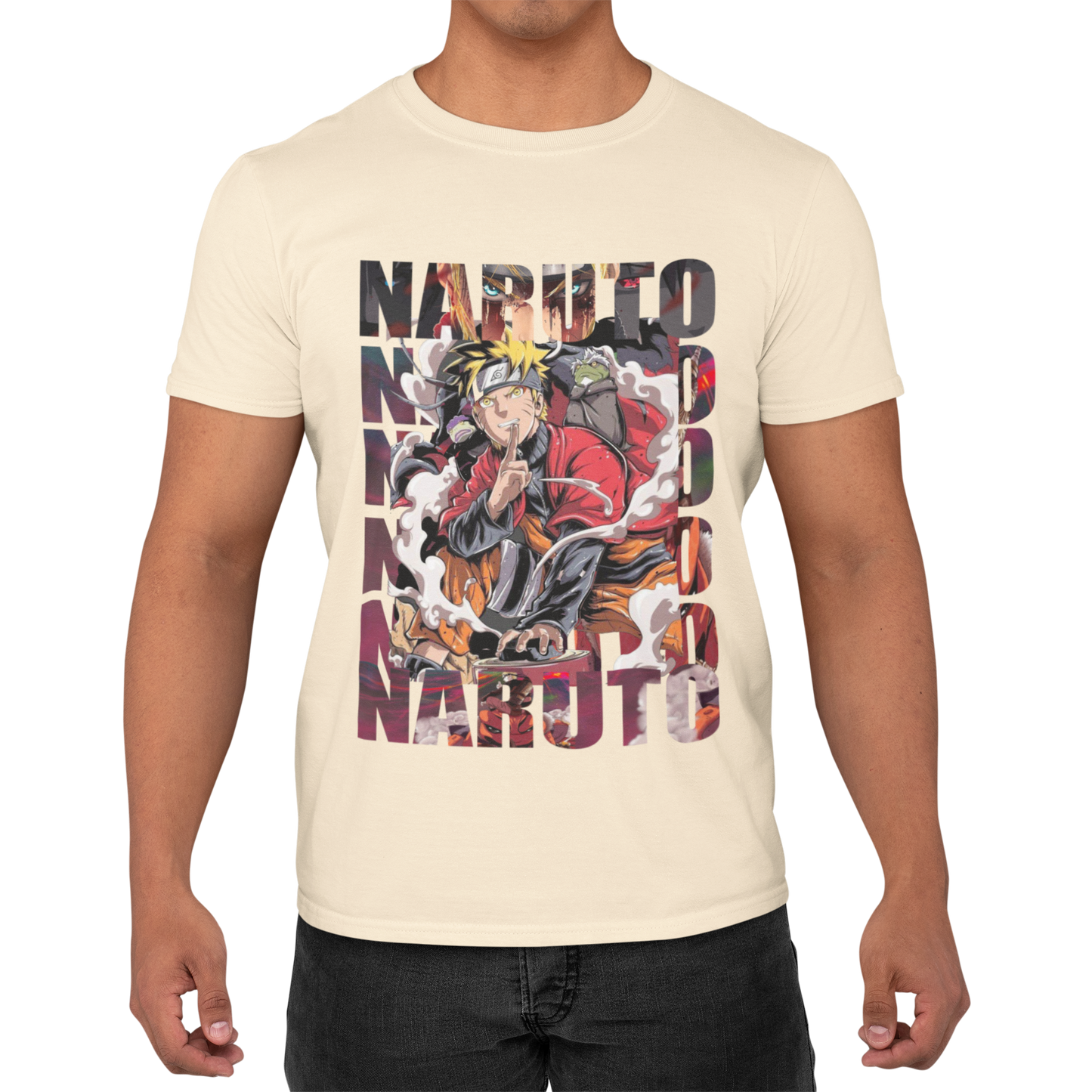 Naruto Printed Round Neck Cotton T-Shirt - Beige