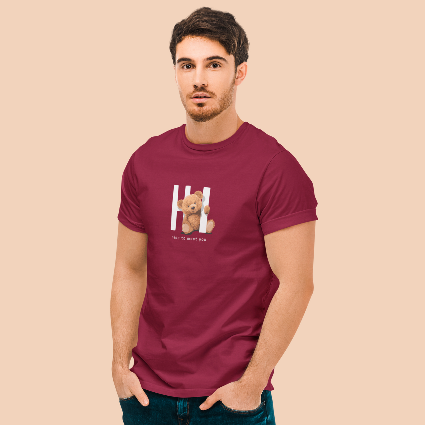 Hi Nice to Meet You Round Neck Cotton T-Shirt - Maroon