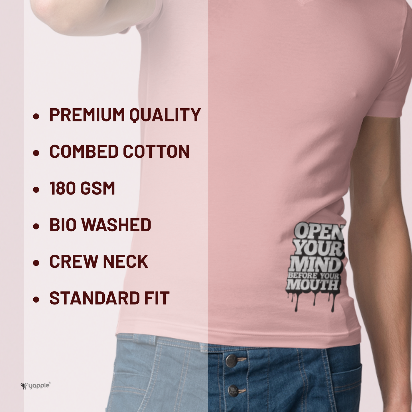 Open Your Mind Round Neck Cotton T-Shirt - Pink
