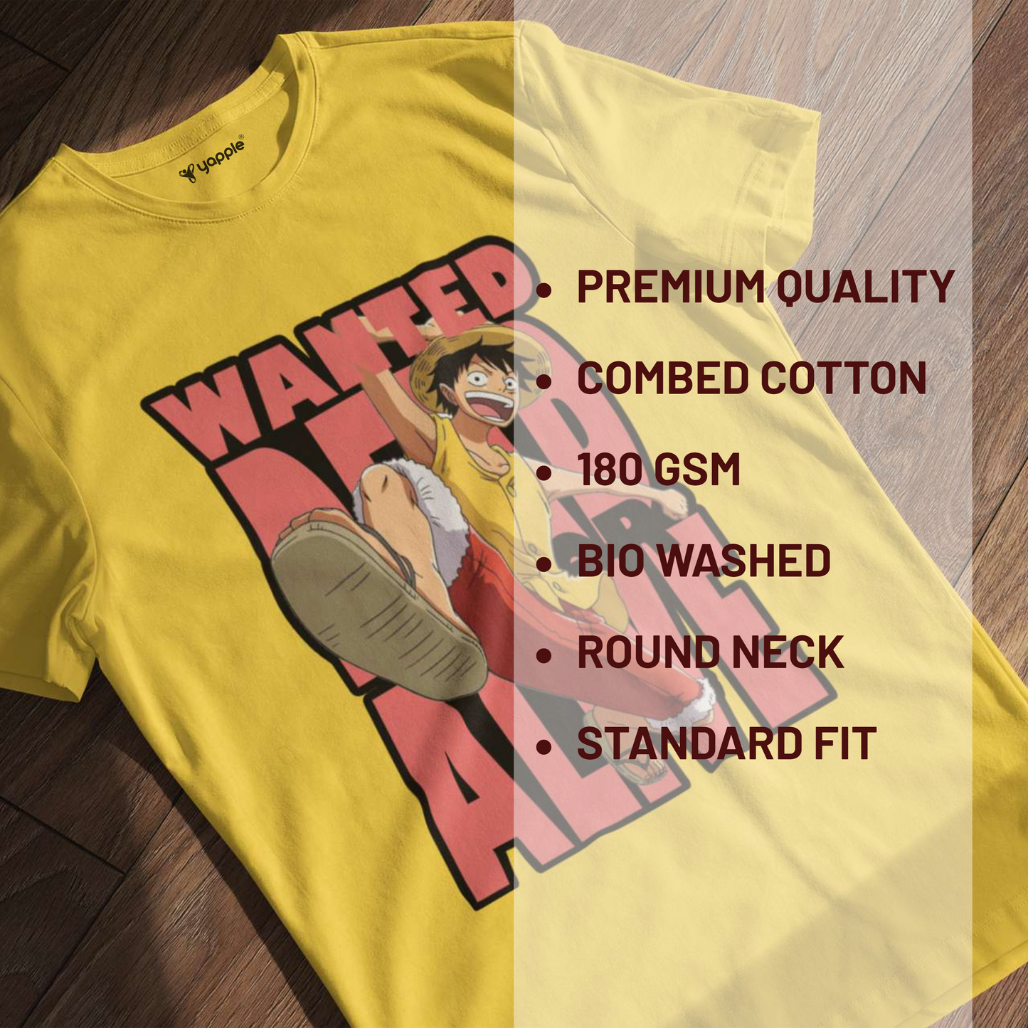 Monkey D Luffy Men Printed Round Neck Cotton T-Shirt - Yellow