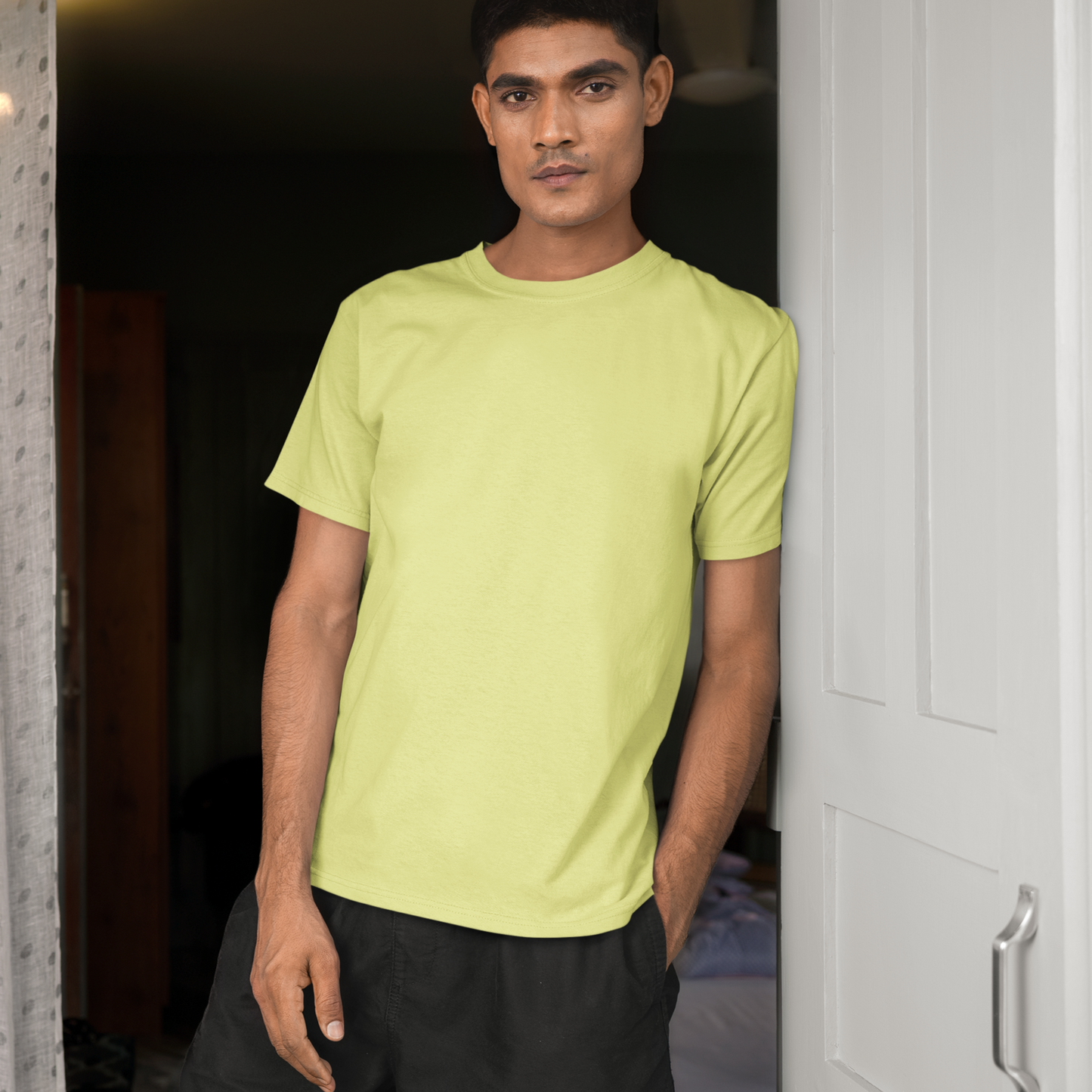 Plain Round Neck Yellow Color Cotton T-Shirt